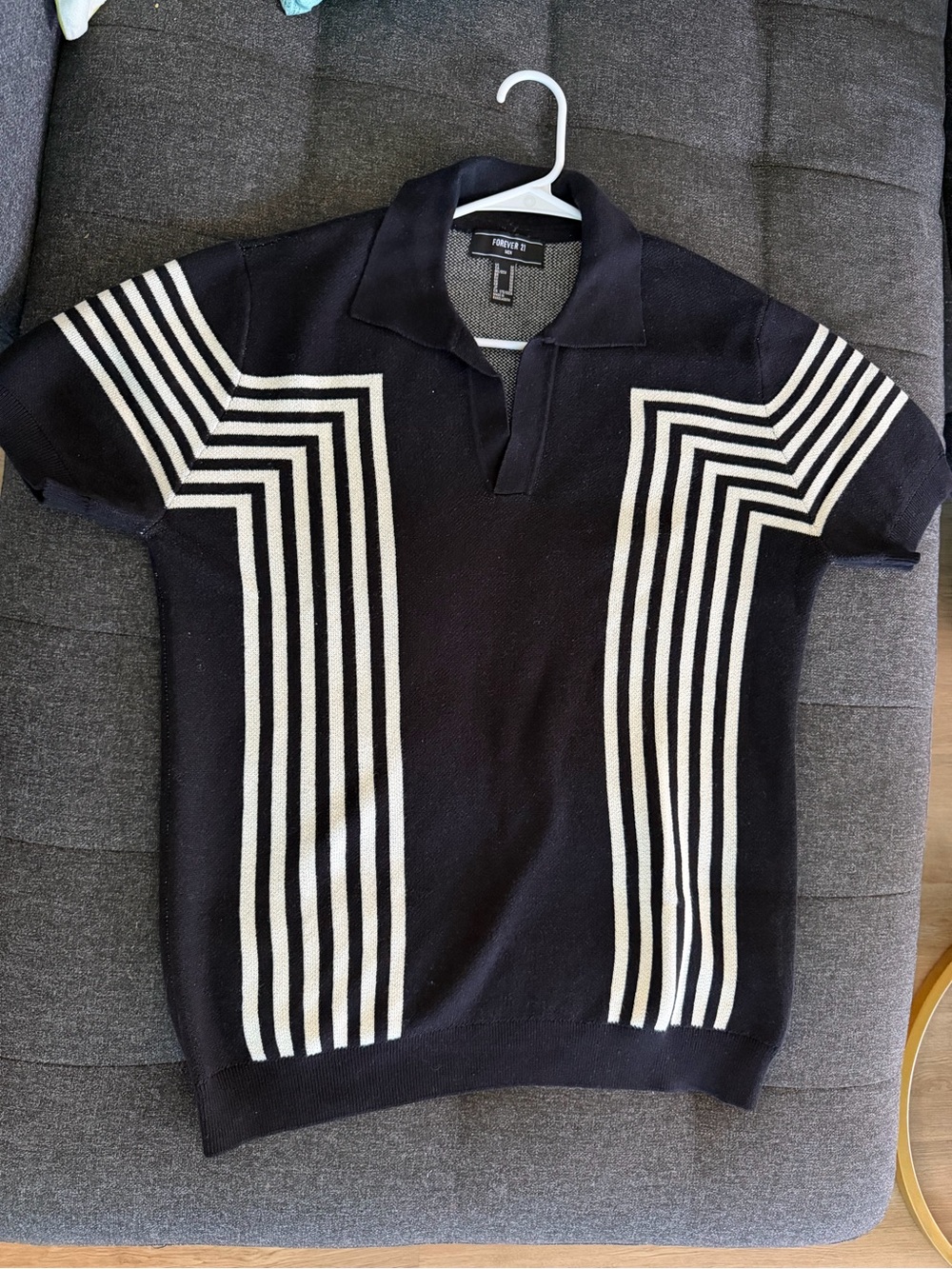 Forever 21 Black Polo-Style Knit Sweater with Cream Stripe Detailing